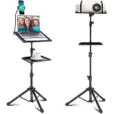 Lusweimi Projector Tripod Stand, 50&rdquo; Laptop Stand with 2 Shelves for Projector, iPad, DJ Equipment, Portable Adjustable Floor Stand with Gooseneck Phone Holder for Office, Home, Stage or Studio