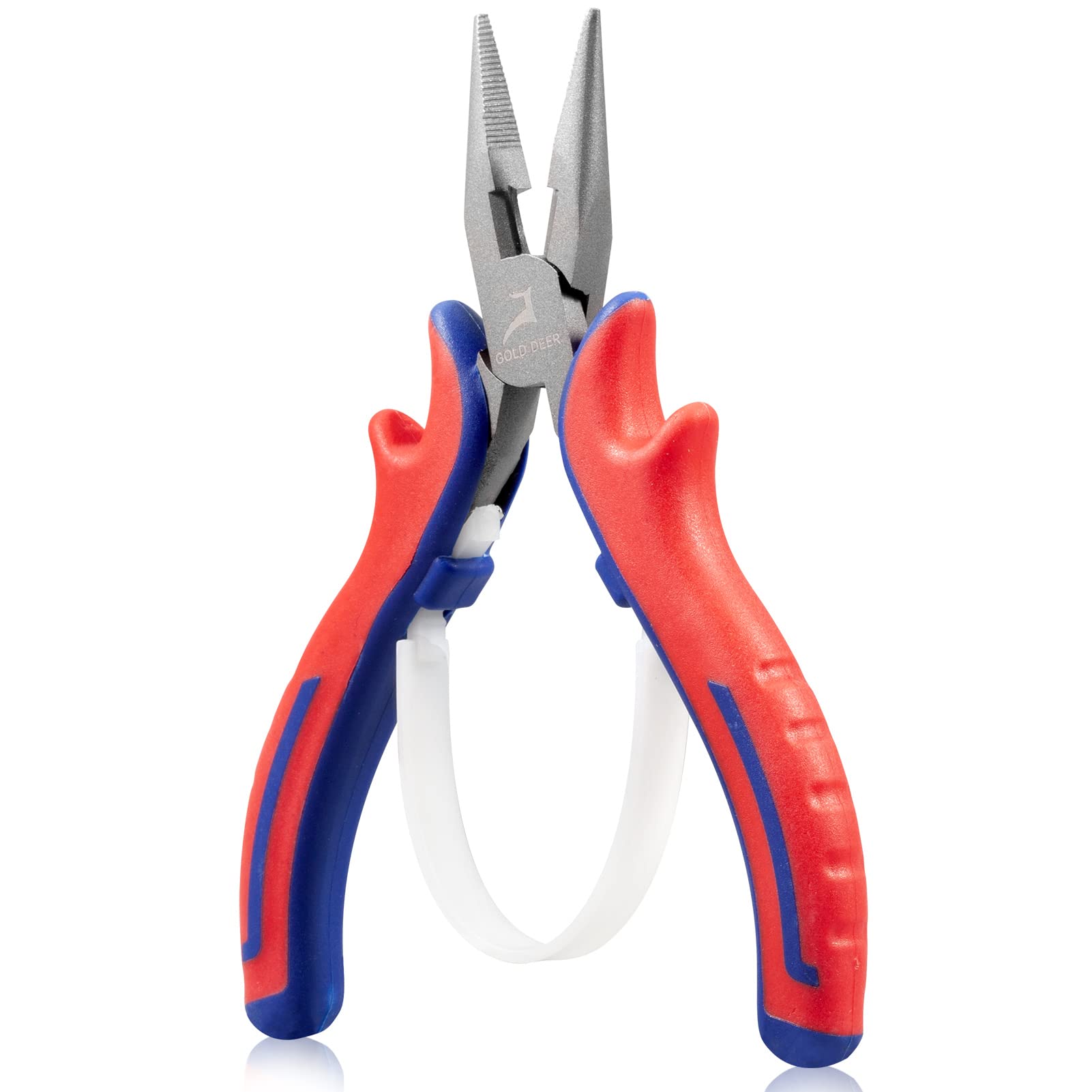 GOLD DEER 5" Mini Long Nose Pliers with Serrated Jaws Long Nose Needle Nose Pliers with Wire Cutters, CRV Steel Body with Teflon Finish and Professional Handle, Jewelry Plier for Fishing Wire Wrapping