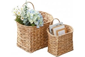 Coeusy Wicker Hanging Basket,Woven Hanging Wall Basket for Organizing and Decor,Natural Water Hyacinth Wall Mounted Storage Baskets for Farmhouse Home,Door,Entryway,Flower,Mail,Plant,Set of 2