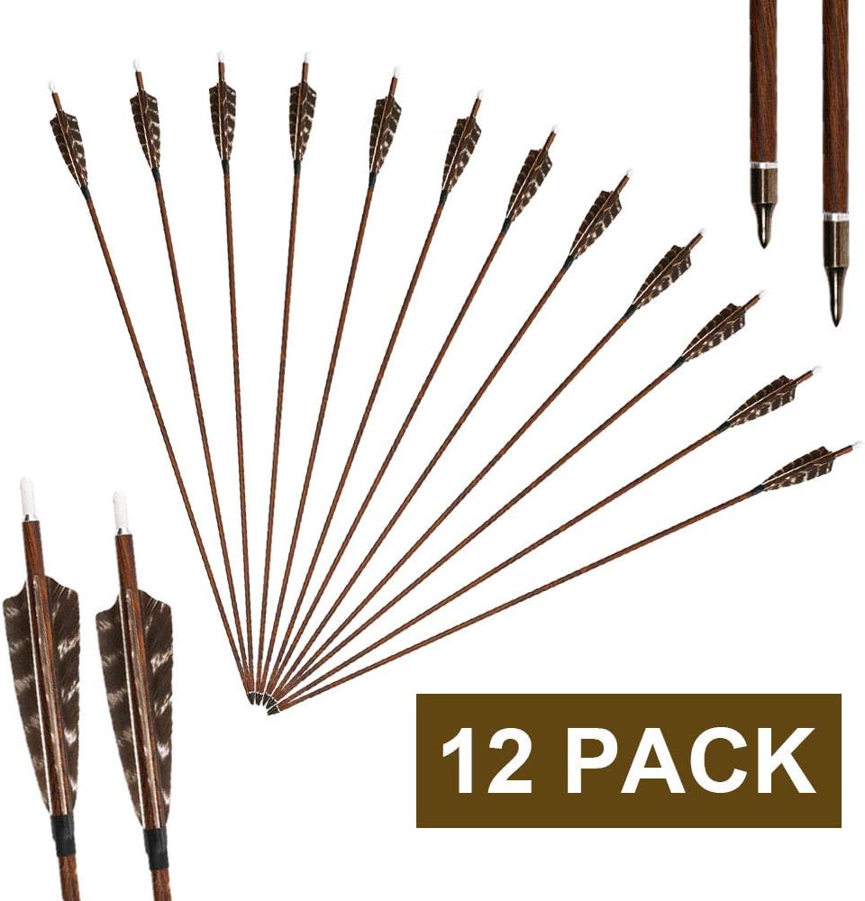 HANDBAIGE 30/32 Inch Carbon Arrows 100% Carton Fiber Shaft Spine 500 with 4 Inch Real Feather Hunting and Target Practice Arrows for Compound Bow and Recurve Bow, 12 Pack