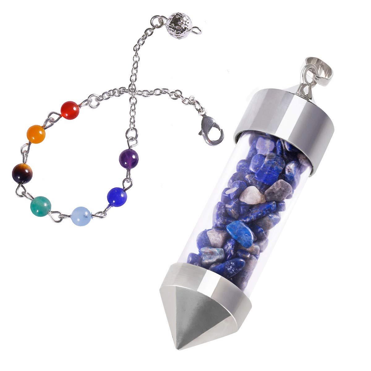 mookaitedecor Lapis Lazuli Crystal Pendulum Bottle Crystal Pendant Necklace Chips Crystal Point Pendulum for Dowsing Scrying Divination Reiki Healing Crystal Pendulum with 7 Chakra Bead Chain