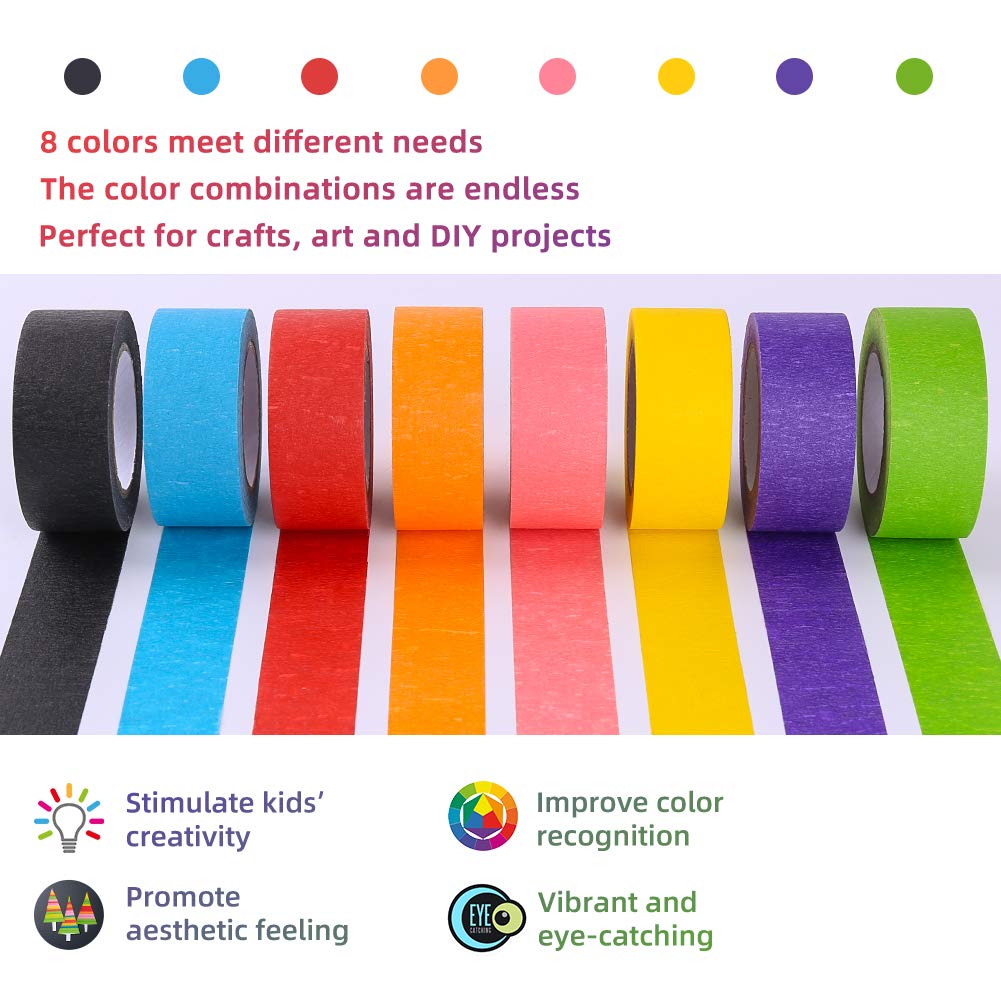 Colored Masking Tape, Rainbow Colors Painters Tape Colorful Craft Art Paper Tape for Kids Labeling Arts Crafts DIY Decorative Coding Decoration Teaching Supplies, 8 Rolls, 1 Inch Wide x 14.2Yards Long: Industrial & Scientific