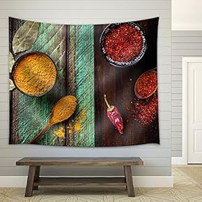 Chili, Paprika, Turmeric and Bay Leaves on Wooden Green and Brown Background - Fabric Wall Tapestry Home Decor - 51x60 inches