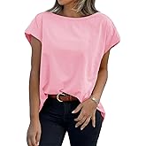 Tankaneo Womens Cap Sleeve Tops Boat Neck T-Shirts Summer Casual Loose Fit Basic Tees