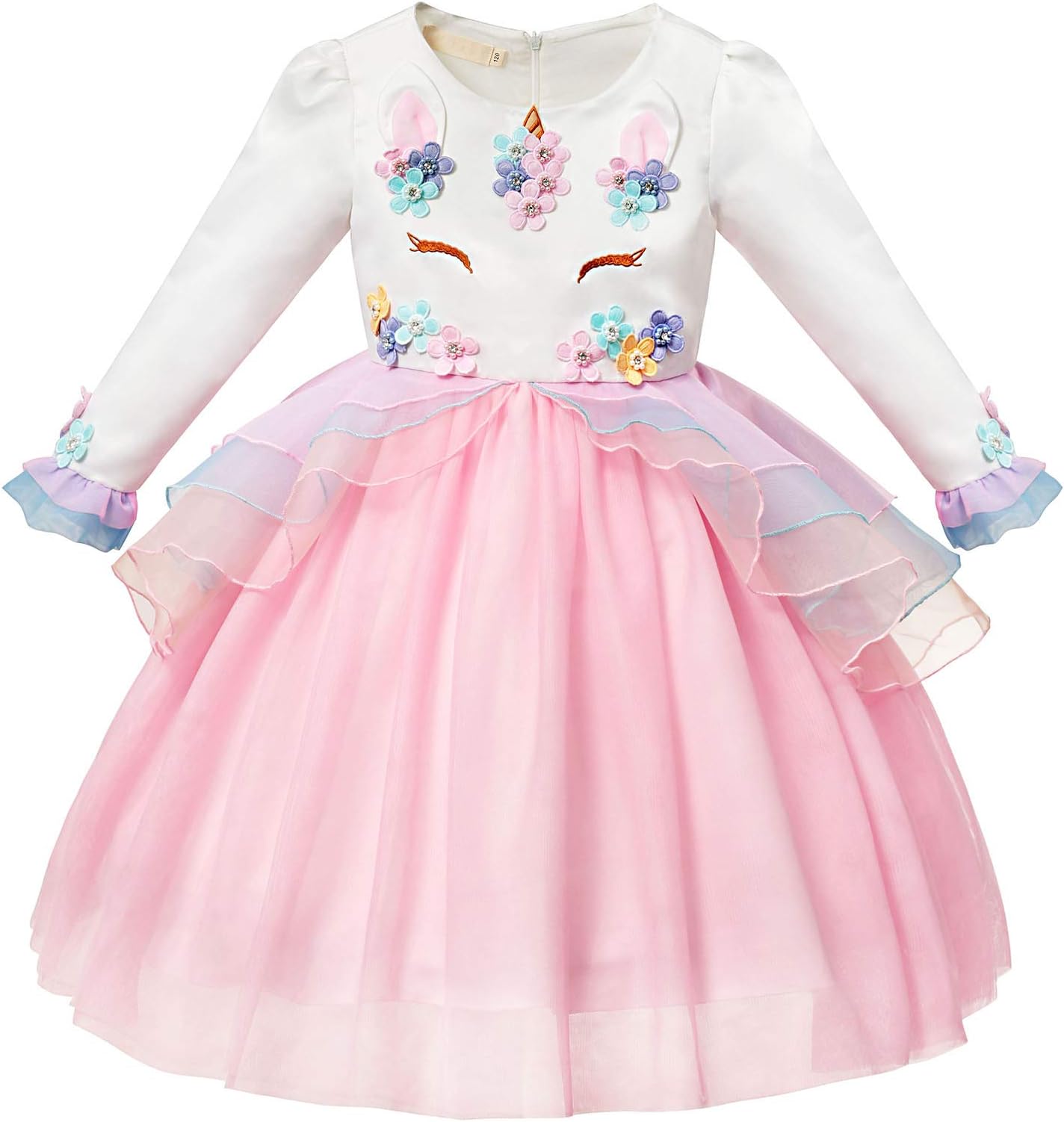 Long Sleeve Girl Unicorn Costume Pageant Flower Princess Party Tutu Dress with Headband