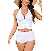 SHEKINI Women's Halter Deep V Bikini Top Drawstring Swim Shorts Two Piece High Waisted Bathing Suits with Boy Short