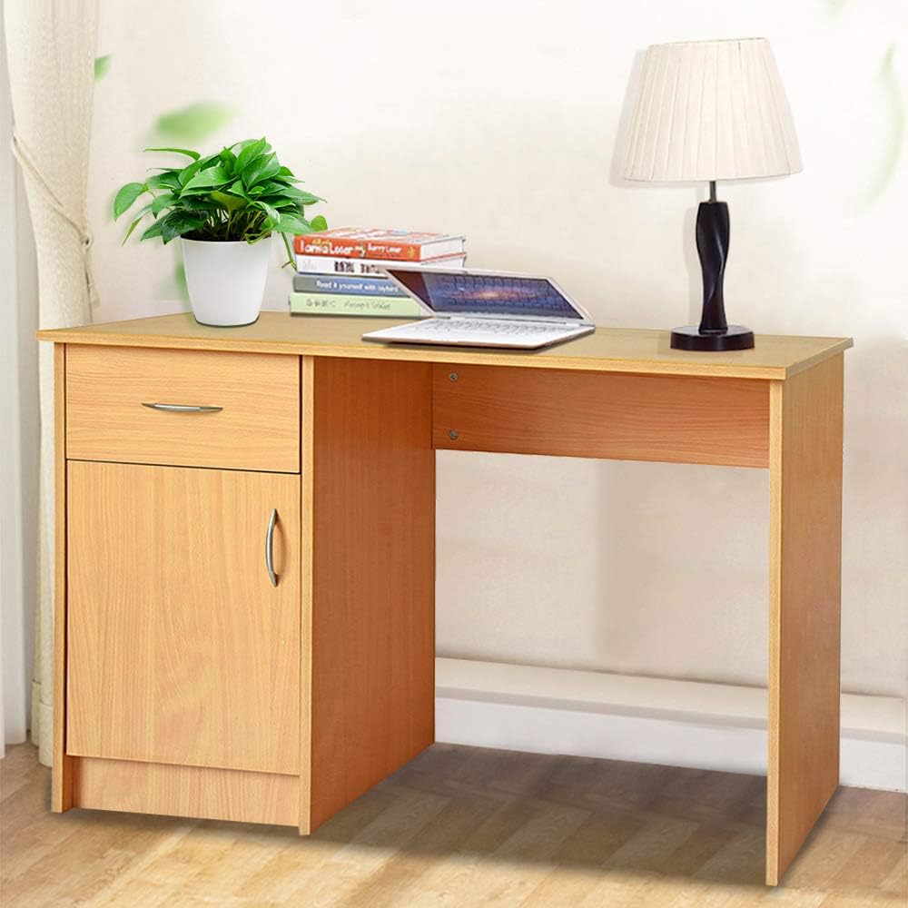 BLUE HORIZON Computer Desk Wooden Beech PC Writing Desk Dressing Table with 1 Drawer and Cupboard Storage