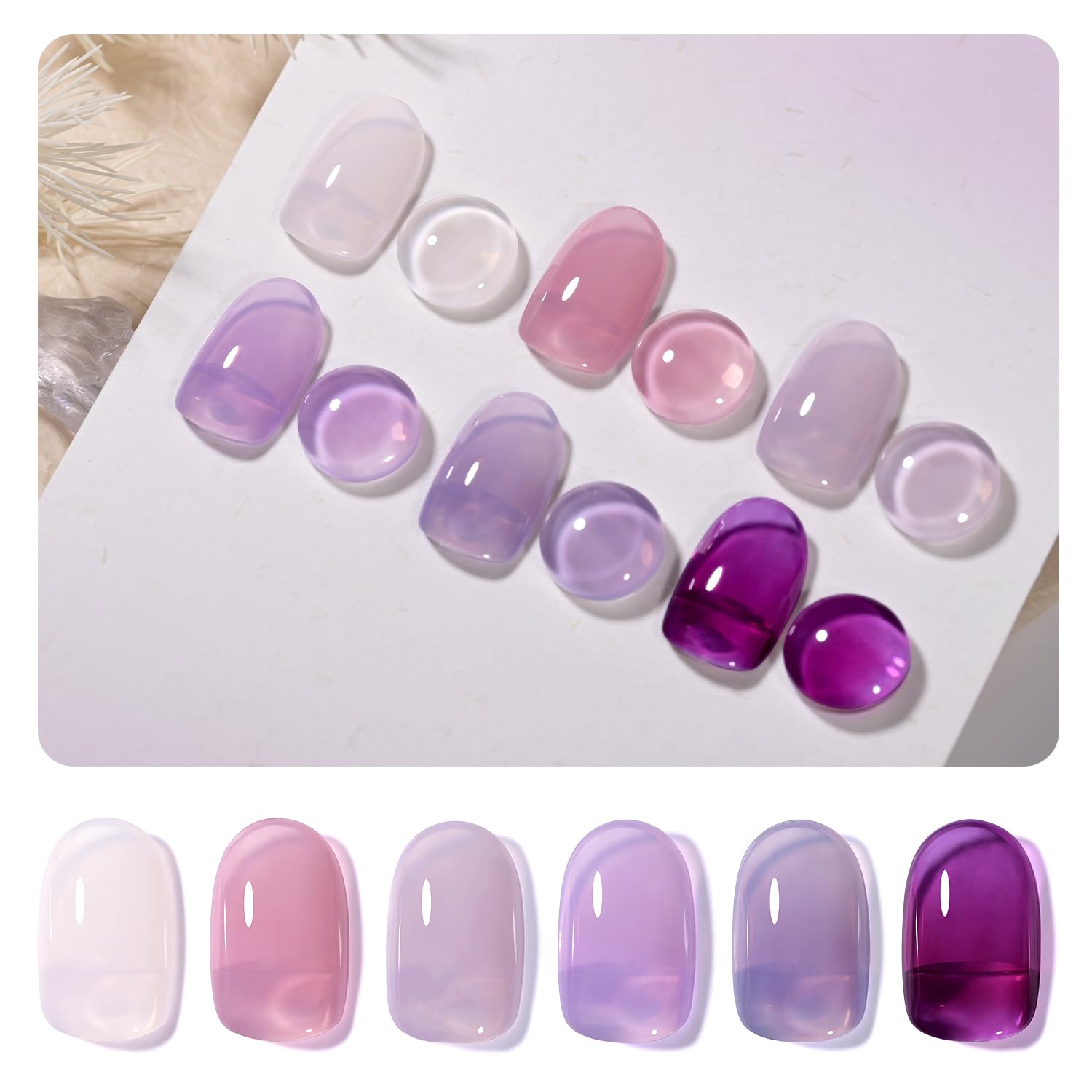 GAOY Jelly Purple Gel Nail Polish Set, 6 Transparent Colors White Pink, Soak Off UV Light Cure Gel Polish for Salon and Nail Art DIY at Home, Purple Grape