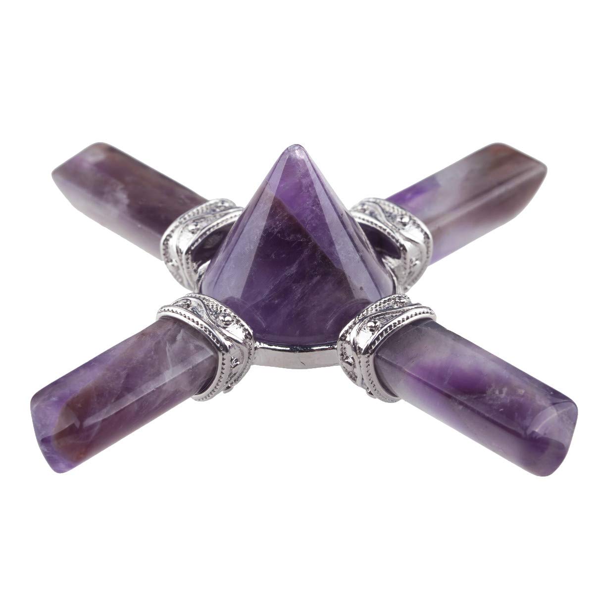 mookaitedecor Natural Purple Amethyst Crystal Pyramid Ornament with 4 Crystal Point Wands Meditation Gift Room Decor, Spiritual Decoration Wiccan Wicca Decor Healing Crystal Gift for Women Men