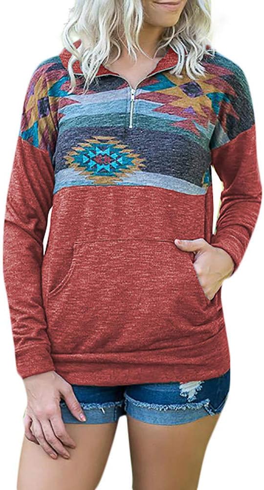 SEWORLD Fashion Womens Long Sleeve Print Pockets Zipper Sweatshirt Pullover Blouse Tops