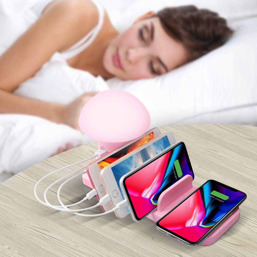 Stazione di ricarica Wireess con caricabatterie USB 3 porte Caricatore USB Supporto di ricarica per Apple iPhone Samsung Tablet Tablet Smartphone, Rosa