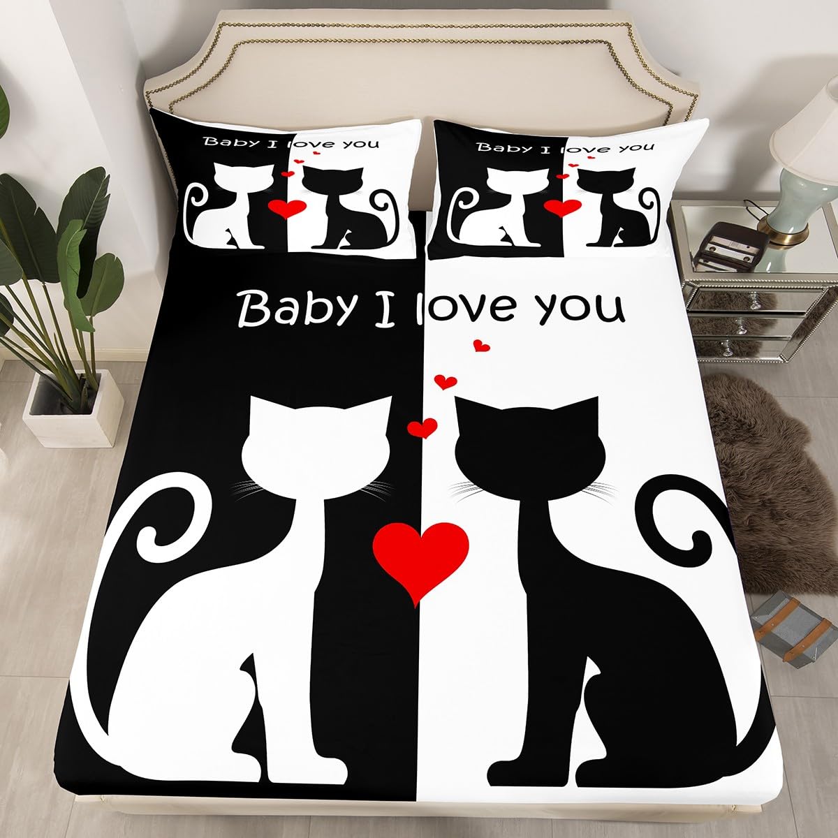Cute Cats Fitted Sheet Single Size, Black and White Cartoon Cat Bedding Set 2pcs for Kids Boys Girls Room Decor, Love Theme Bed Cover with 1 Pillowcase, Soft Polyester Bedding