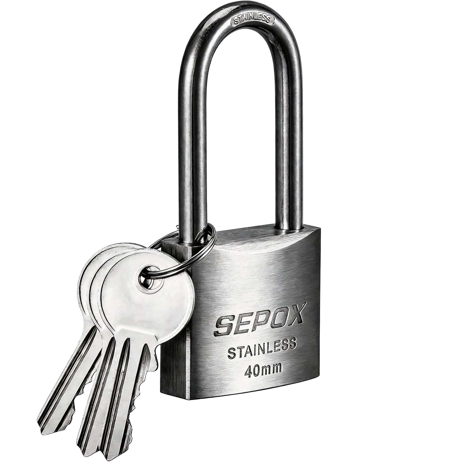 SEPOX® Outdoor Padlock with Key, SUS304 Stainless Steel Lock Body and Long Shackle Waterproof 40mm Keyed Heavy Duty Padlock and Key, Weatherproof for Gate, Chain, Shed, Boat, Marine.