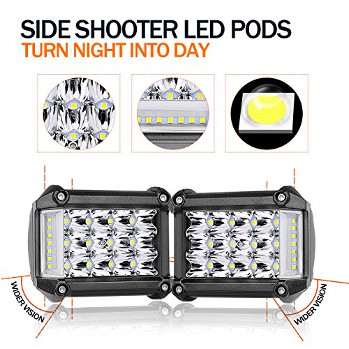 Side Shooter LED Pods, AutoPowerPlus 2Pcs 4" 76W Off Road Driving Fog Lights Flood Spot Combo Light Bar Waterproof LED Cube Work Lights for Truck Jeep Boat ATV UTV SUV Mainre, 2 Years Warranty