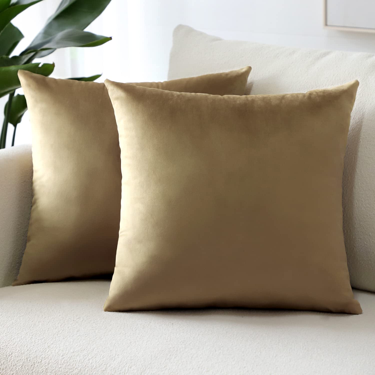 Sungeek Pack of 2 Velvet Cushion Covers Soft Decorative Pillow Covers with Invisible Zipper Luxury Throw Pillow Cases for Home Decor Sofa Bedroom Living Room 45x45cm Light Brown