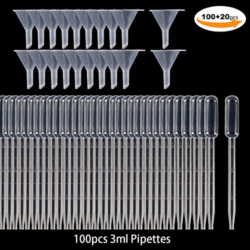 3ML Plastic Transfer Pipettes, Teenitor 100pcs Eye Dropper & 20pcs Mini Plastic Funnels for Lab bottle Chemical liquid Essential Oils Clear 120pcs