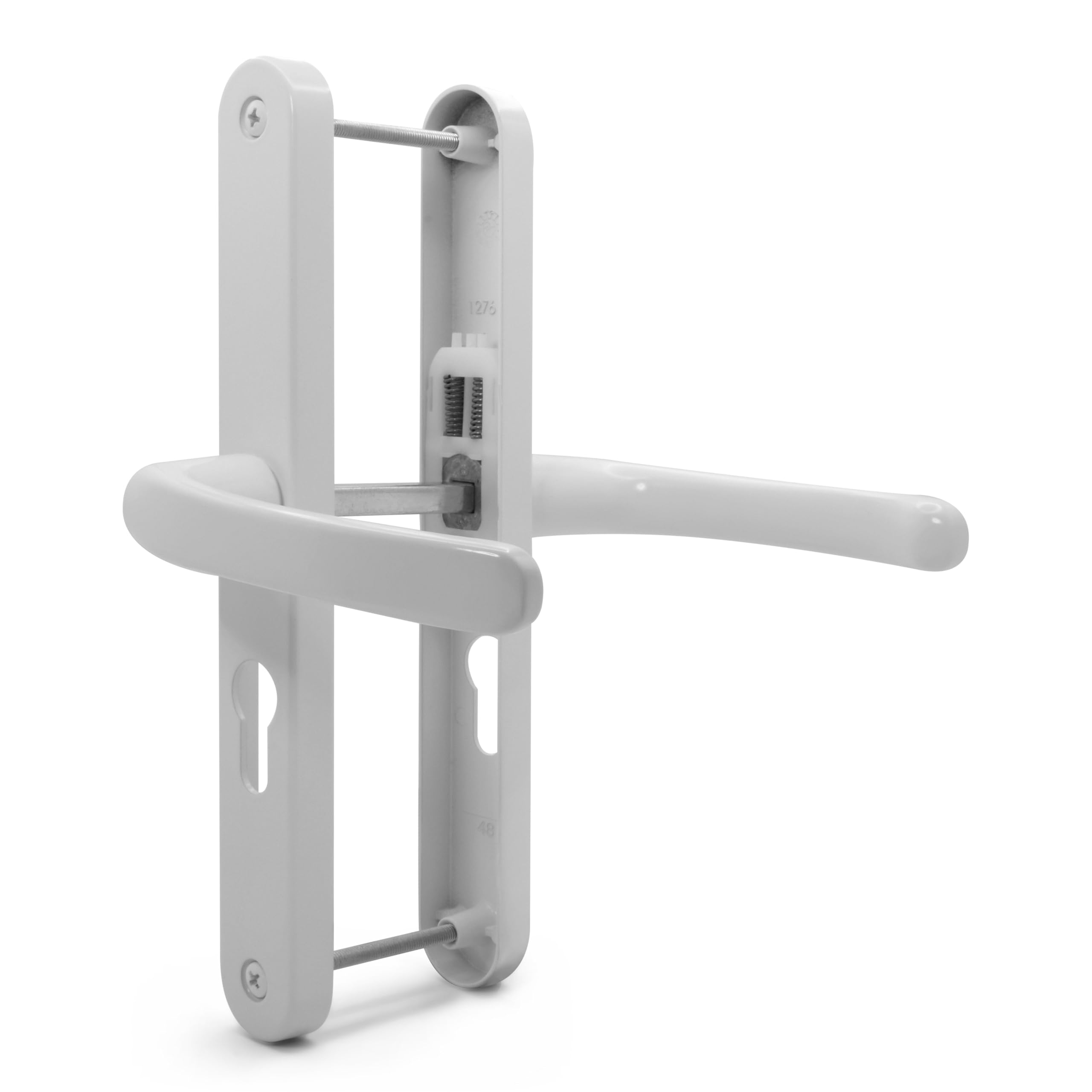 TSS Lever Style UPVC Door Handle Set - 48 PZ Centers, 215 Screw Spacing - White Backplate 246x32