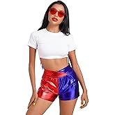 Women Metallic Shiny Shorts Sparkly Hot Dance Bottoms Short Pants Rave Music Festival Outfits with Sunglasses