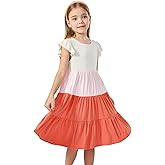 EASWEET Bamboo Viscose Girl's Summer Dresses 5-14Y, Flutter Sleeve Tiered Swing Midi Casual Sundress with Pockets