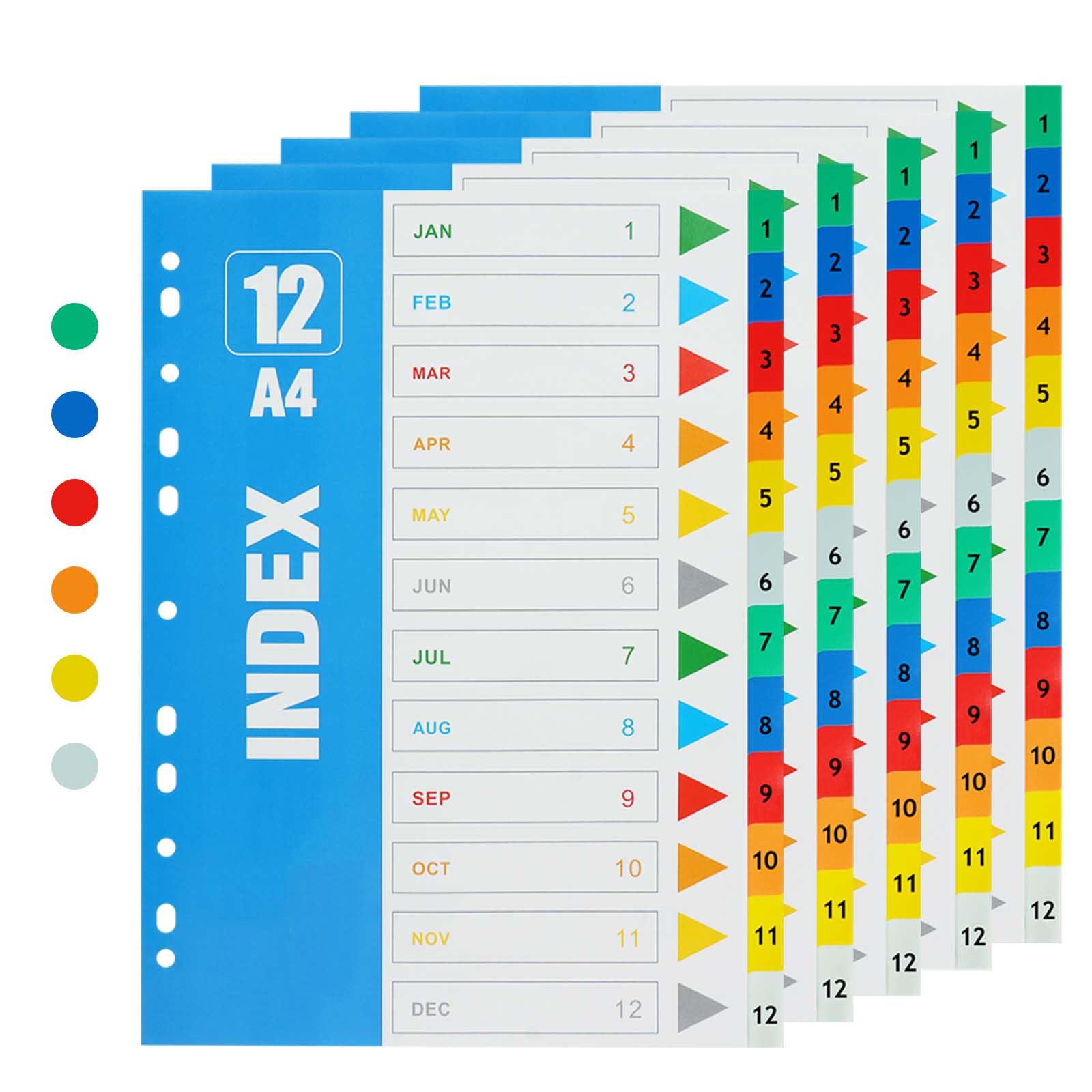 OFFCUP A4 File Dividers - 5 Pack, 12 Part Numbered Tabs with Multipunched Reinforced Colour Tabs (6 Colour)