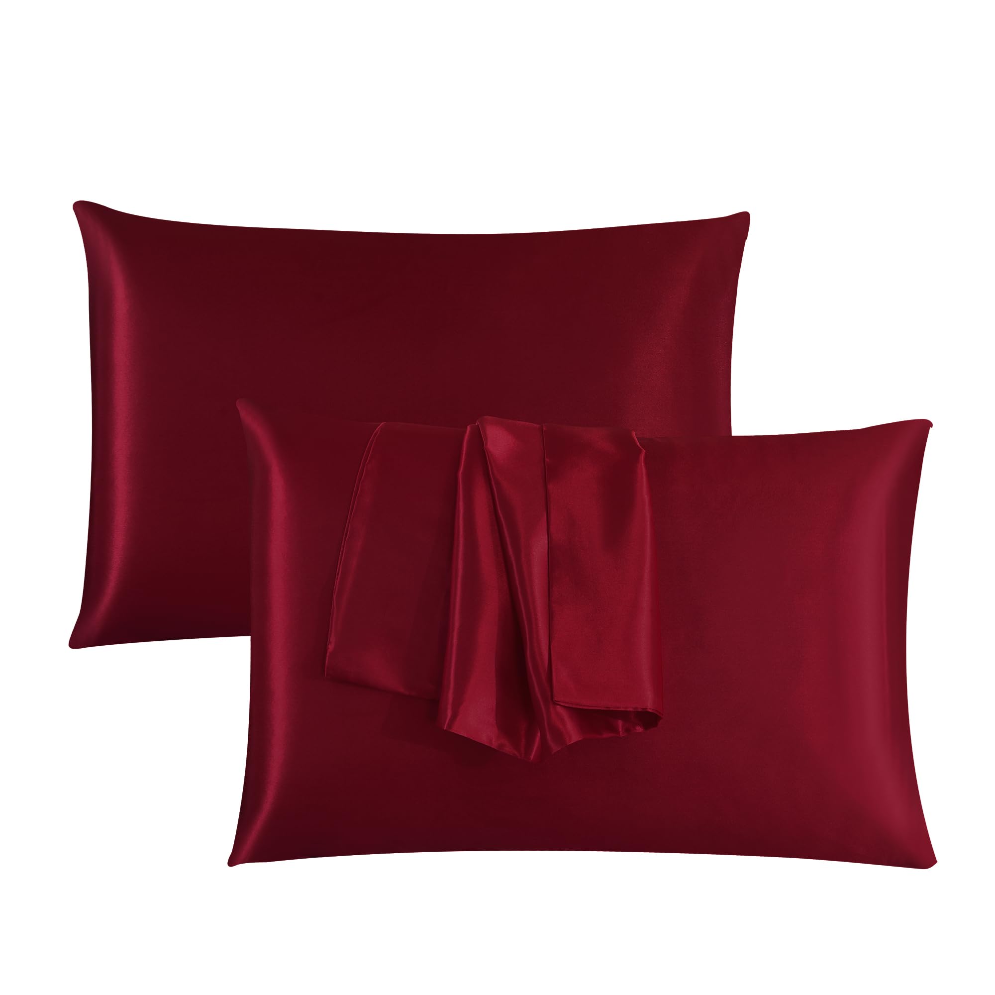 ROOEE Satin Silk Pillowcases for Hair and Skin 2 Pack Standard Size 50x75cm Envelope Closure Pillow Case (BURGUNDY)