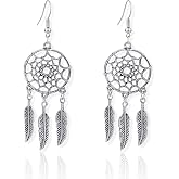 KaFu Woman Retro Silver BOHO Style Metal Dangle Drop Earrings Dream Catcher Statement Feather Dangle Tassels Turquoise Earrings for Women Girls