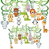 Supla 30 Pcs Jungle Animals Hanging Swirl Streamers Decorations Green Safari Party Forest Animal Party Swirls Foil Hanging Ceiling Décor Swirl Streamers with Assorted Animal Cutouts for Baby Shower Kids 1st Birthday Nursery School Classroom Bedroom Bathroom Table Ceiling Decor