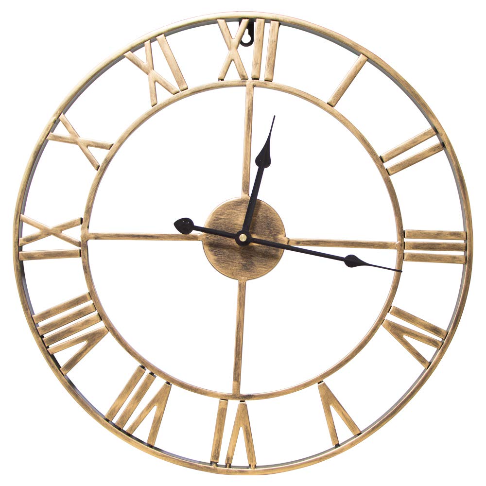 Wifzu Large Skeleton Wall Clock Gold, Silent Non Ticking Metal Clock Vintage Style with Roman
