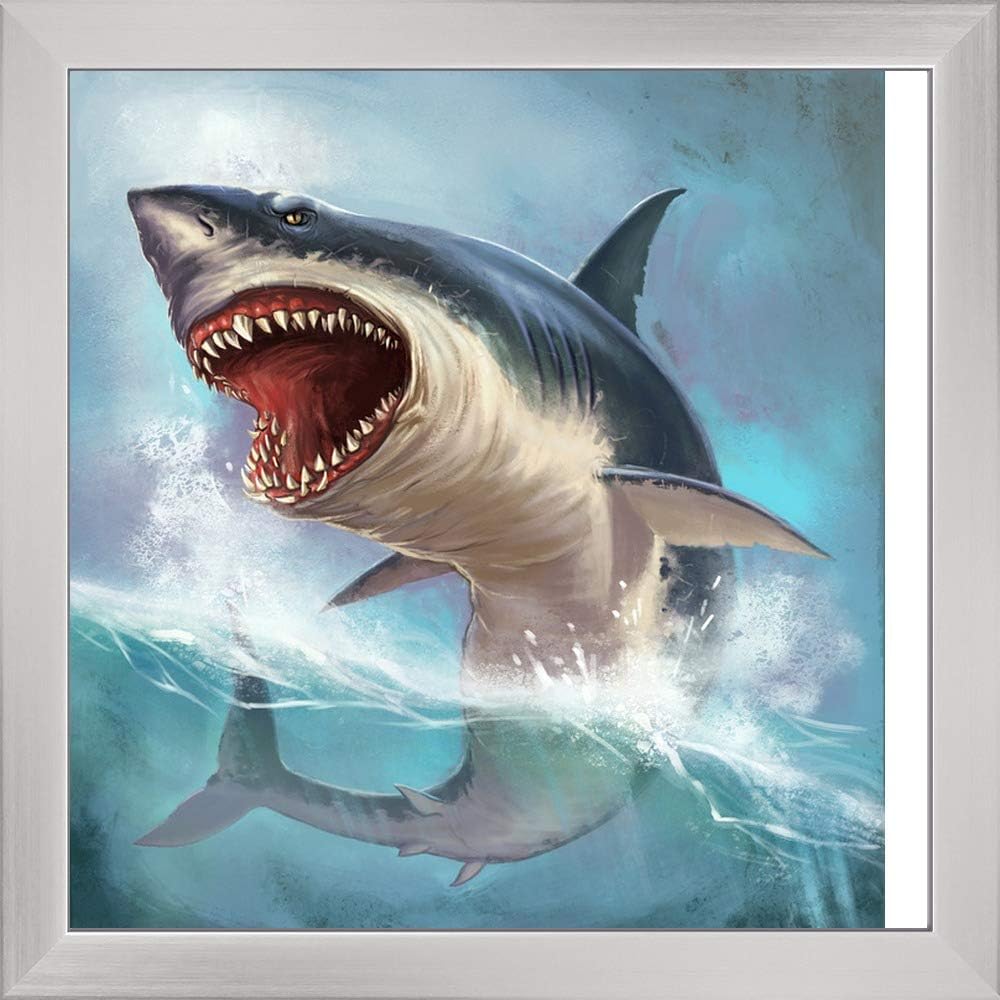 Illustration of Great White Shark Breaching & Attacking A-9004319 (15 1/8x16 Giclee Art Print, Gallery Framed, Silver Wood)