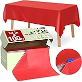 54 in X 100 FT Red Plastic Table Cover Roll with Slide Cutter, Cuts Up to 12 Rectangle 8 Feet Disposable Plastic Table Cloths，Disposable Table Cover Roll for Dinning, Parties, BBQ, Wedding, Outdoor