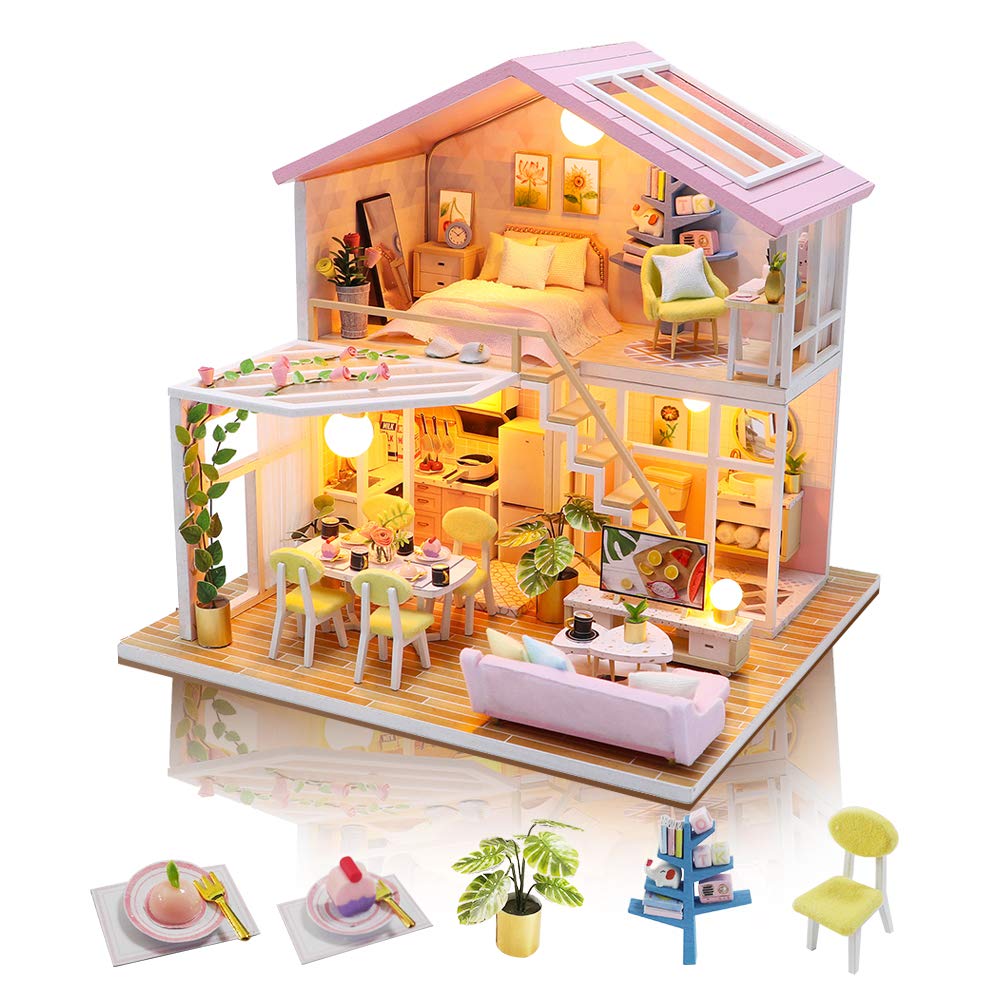 GuDoQi DIY Miniature Dollhouse Kit, Tiny House kit with Furniture and Music, Miniature House Kit 1:24 Scale, Great Handmade Gift for Birthday Easter Day, Sweet Time House