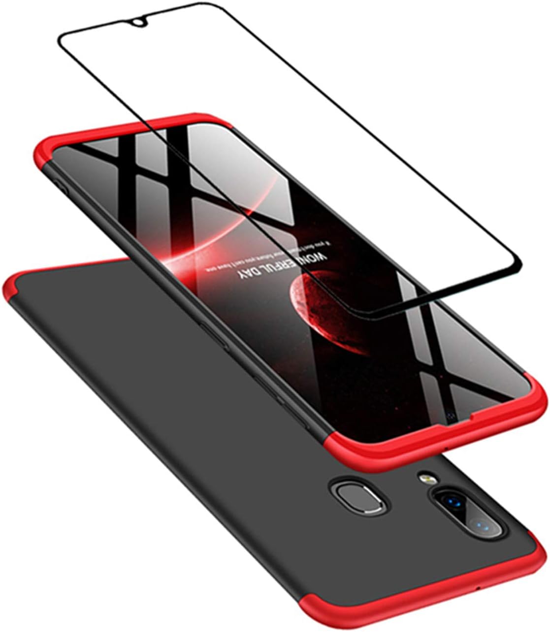 JOYTAG Compatible For Samsung A40 case, Tempered glass film 360 degrees ultra thin Matte All-inclusive Protection 3 in 1 PC Phone case cover-Red Black