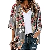 Fussangshu Women's Floral Print Puff Sleeve Kimono Cardigans Chiffon Casual Loose Open Front Cover Tops Cardigan Blouse