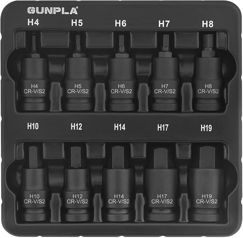 Gunpla 10pc 1/2 in Hex Impact Socket Bit Set S2 Chrome Vanadium