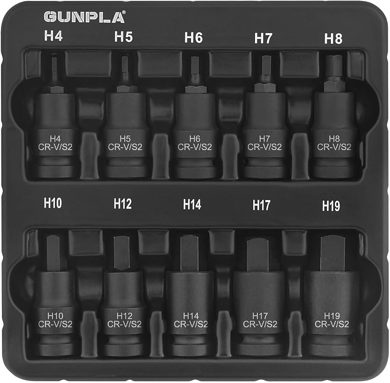 Gunpla 10pc 1/2 in Hex Impact Socket Bit Set S2 Chrome Vanadium