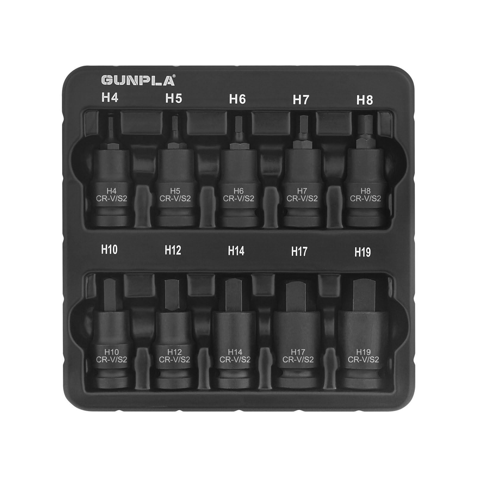 Gunpla 10pcs 1/2 inch Hex Impact Socket Bits Sets, Durable Allen Impacted Shallow Chrome Vanadium S2 Steel Phosphate Finished Drive Hexagonal Sockets Metric 4mm-19mm Tools Bit with Storage Tray