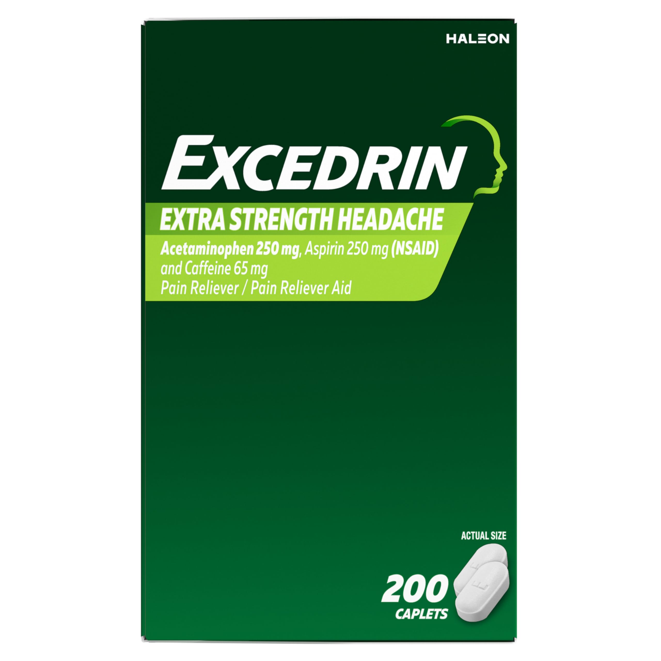 Excedrin Extra Strength Pain Relief Caplets for Headache Relief, Acetaminophen 250mg, Aspirin 250mg, Caffeine 65mg, Pain Reliever, 200 Count