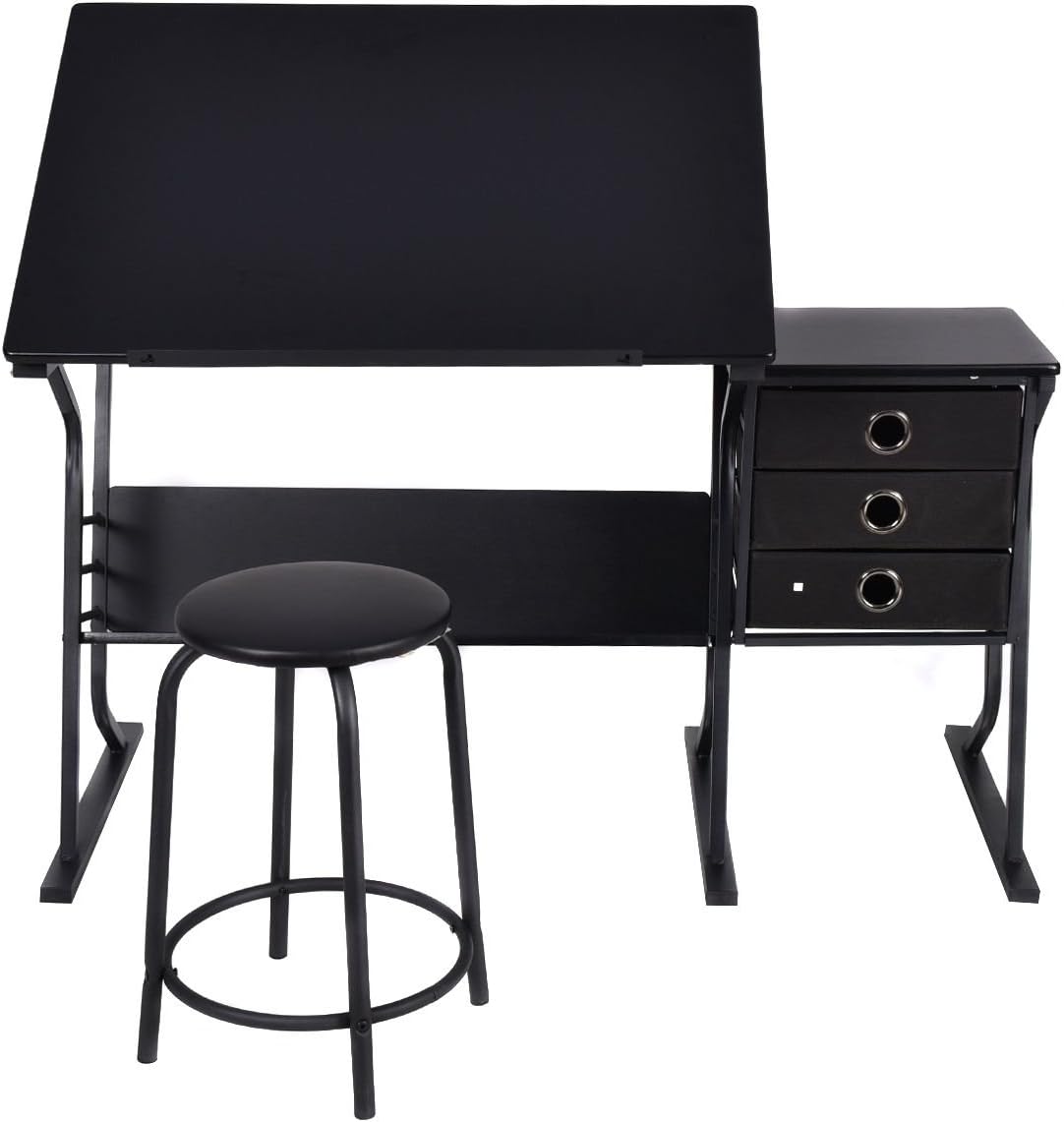 Black 50.6" Adjustable Drafting Table Drawing Desk Art Workstation w/ 3 Drawers & Stool