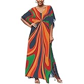 IMAGEKOPE Moroccan Print V-Neck Batwing Kaftan Women's Plus Size Loose Fit Beach Dress Bathing Suit Cover Up Loungewear