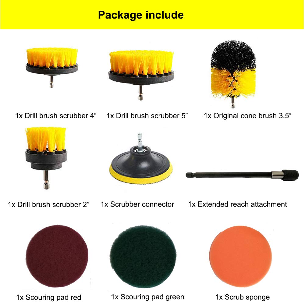 Drill Brush Attachment Set, Yushoo 9Pcs Drill Power Scrubber Pads Cleaning Brushes Kits with 6 Inch Extender Reach Attachment for Grout, Tiles, Sinks, Bathtub, Bathroom, Shower and Kitchen Surface