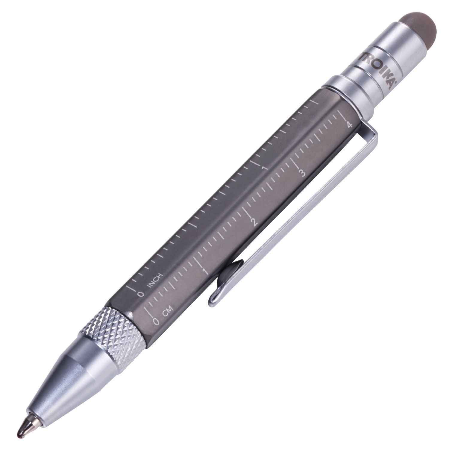 TROIKA Construction Liliput – PIP25/TI - Multitasking Ballpoint Pen (Small) - Tool Pen - Centimetre/Inch Ruler - Slotted/Phillips Screwdriver - Stylus (Titanium coloured) Original