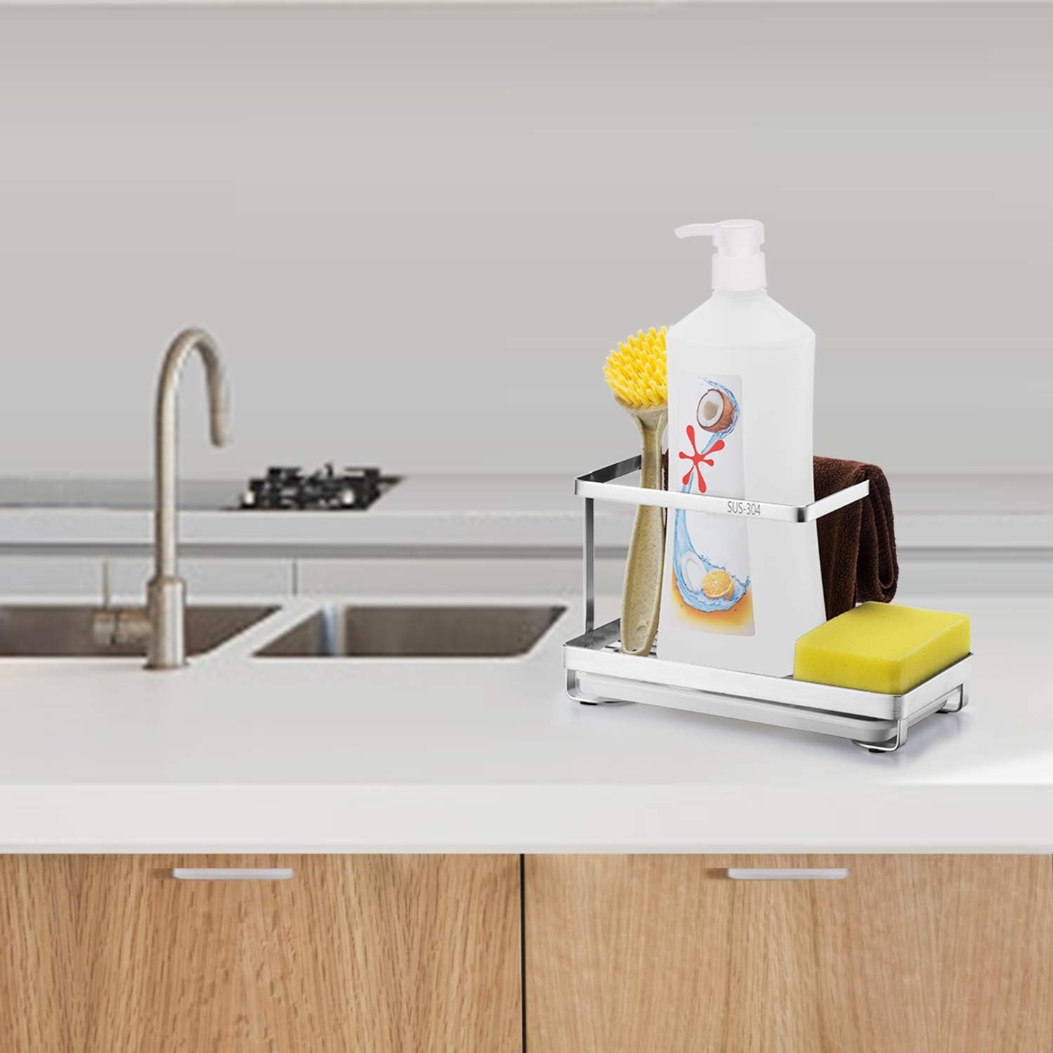 Oyeye Kitchen Sink Caddy Organizer with Drain Pan Sponge Soap Brush