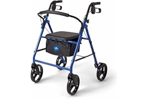 Medline Steel Rollator Walker for Adult Mobility Impairment, Blue, 350 lb. Weight Capacity, 8” Wheels, Foldable, Adjustable Handles, Rolling Walker for Seniors