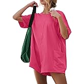 GTETKDE Rompers for Women Casual Short Sleeve Oversized Athletic Jumpsuits Workout Hot Shot Tee Romper Overalls with Pockets