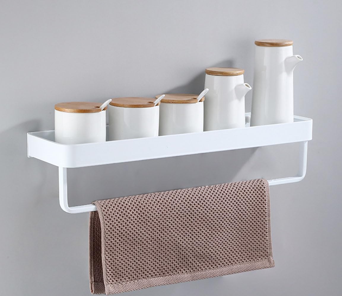AJINGELA Wall Mounted Floating Metal Storage Rack,White Bathroom Shelves Space Saving Rustproof Extra Strong Floating Storage Rack with Towel Bar(50CM)