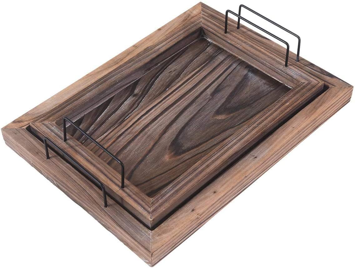  | RHF Serving Trays, Vintage Serving Tray, Rustic Wood Trays, Rectangular Tray Set, Nesting Serving Tray, Butler Lap Trays with Metal Handles, Rustic Ottoman Tray, Brown, Set of 2: Serving Trays