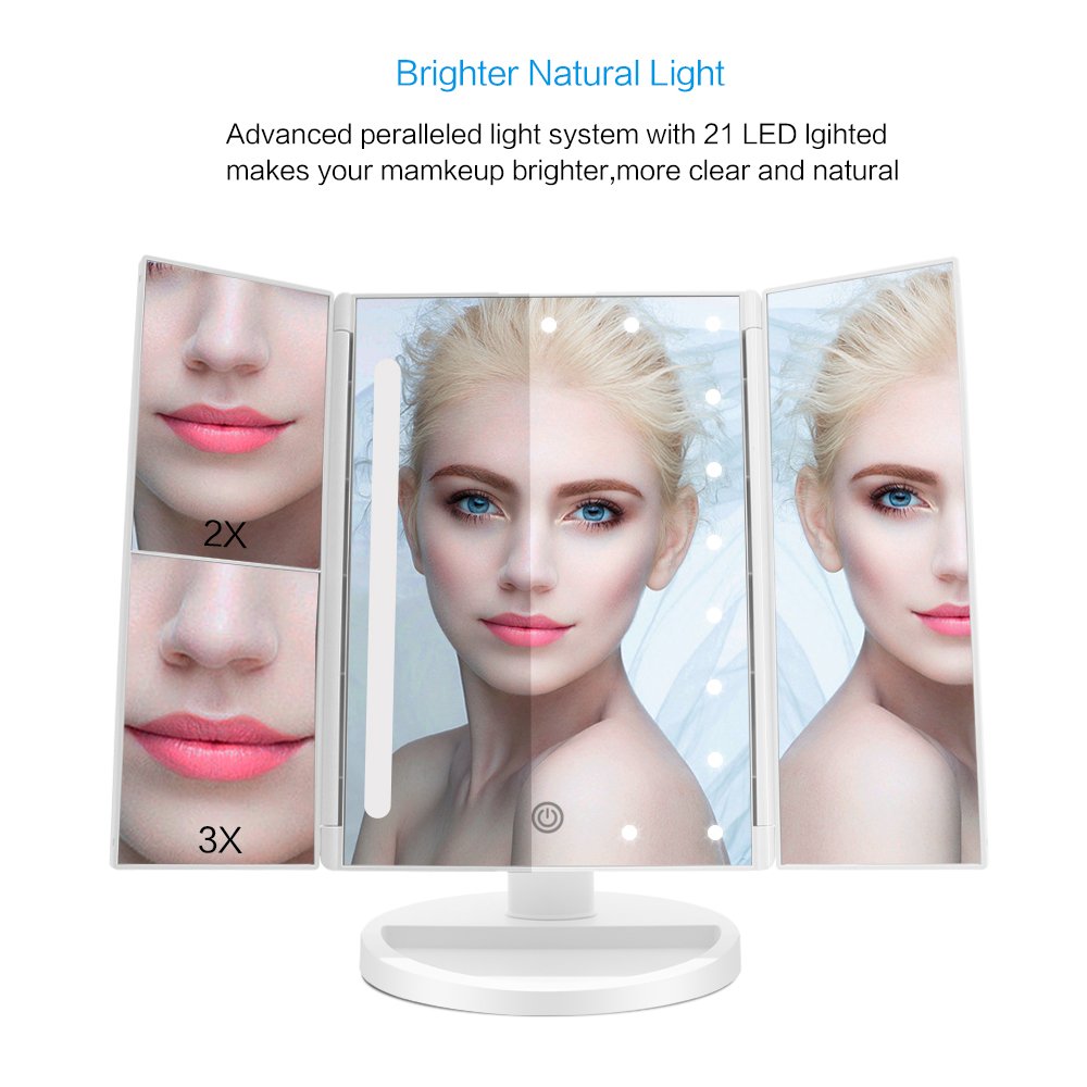 FASCINATE Lighted Makeup Mirror with 21 LED Lights Touch Screen Dimming, Tri-Fold 3X/2X/1X Magnification 180 Degree Rotation Vanity Mirror (White)