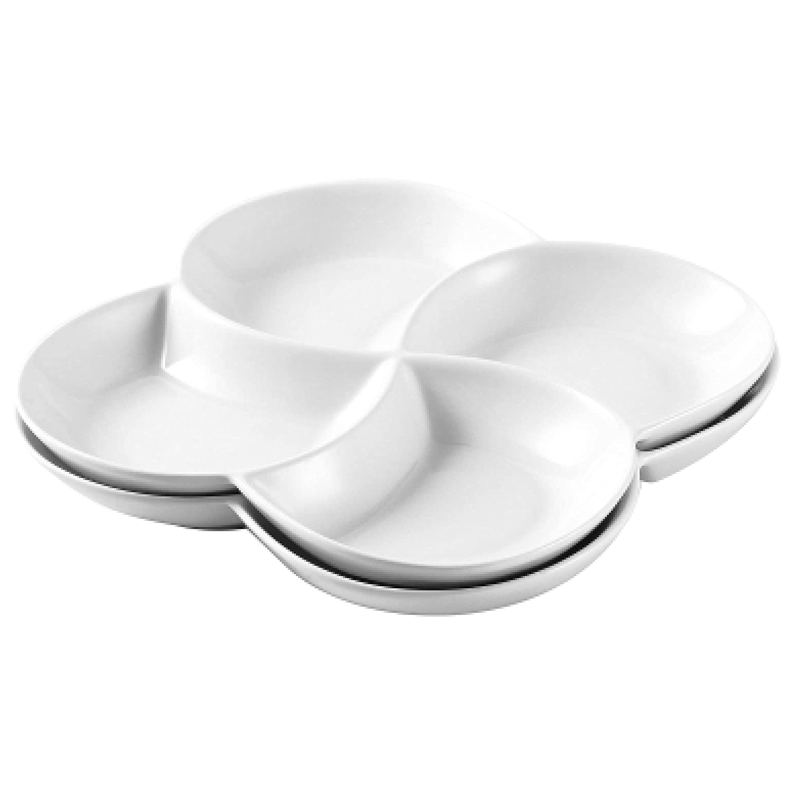 Bruntmor 8.5 inch Ceramic 4-Section Stackable Serving Tray in White, Set of 2 Appetizer, Snack, Dessert Platters | Reusable, Perfect for Dinner party, BPA-free, Oven and dishwasher Safe