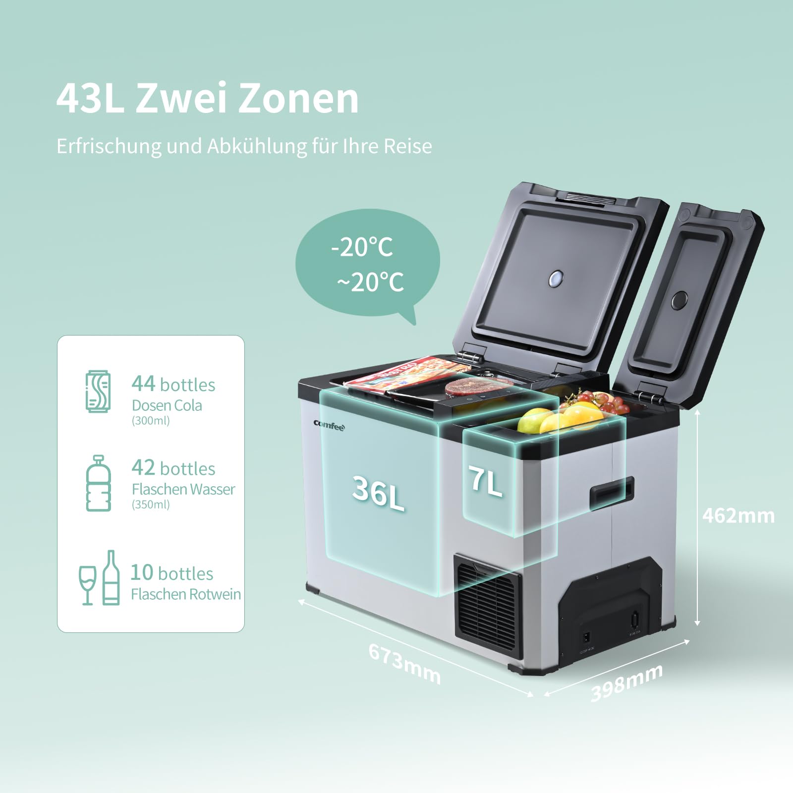 Comfee RCP43DS3(E) 43L Kompressor-Kühlbox Dual-Zonen, elektronische Steuerung, LED-Licht, ECO-Modus, geräuscharm, geeignet für Zuhause und Outdoor, 12/24V DC und 100-240V AC Stromversorgung 8