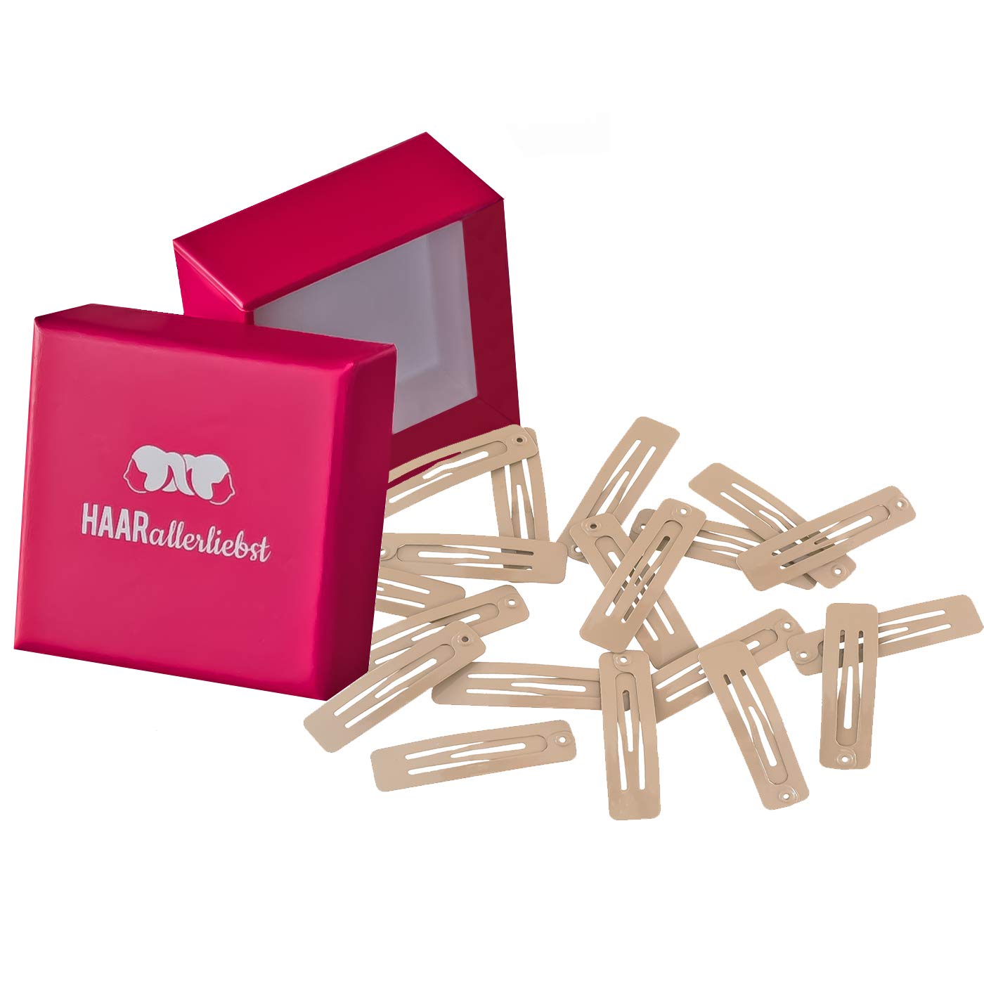 HAARallerliebst Small Rectangular Hair Clips (Pack of 20 | Beige | 3.9 cm) with Storage Box (Box Colour: Pink)
